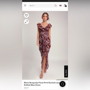 Wayf Marie Burgundy Floral Print Ruched Lace Ruffled Maxi Dress NWT never worn